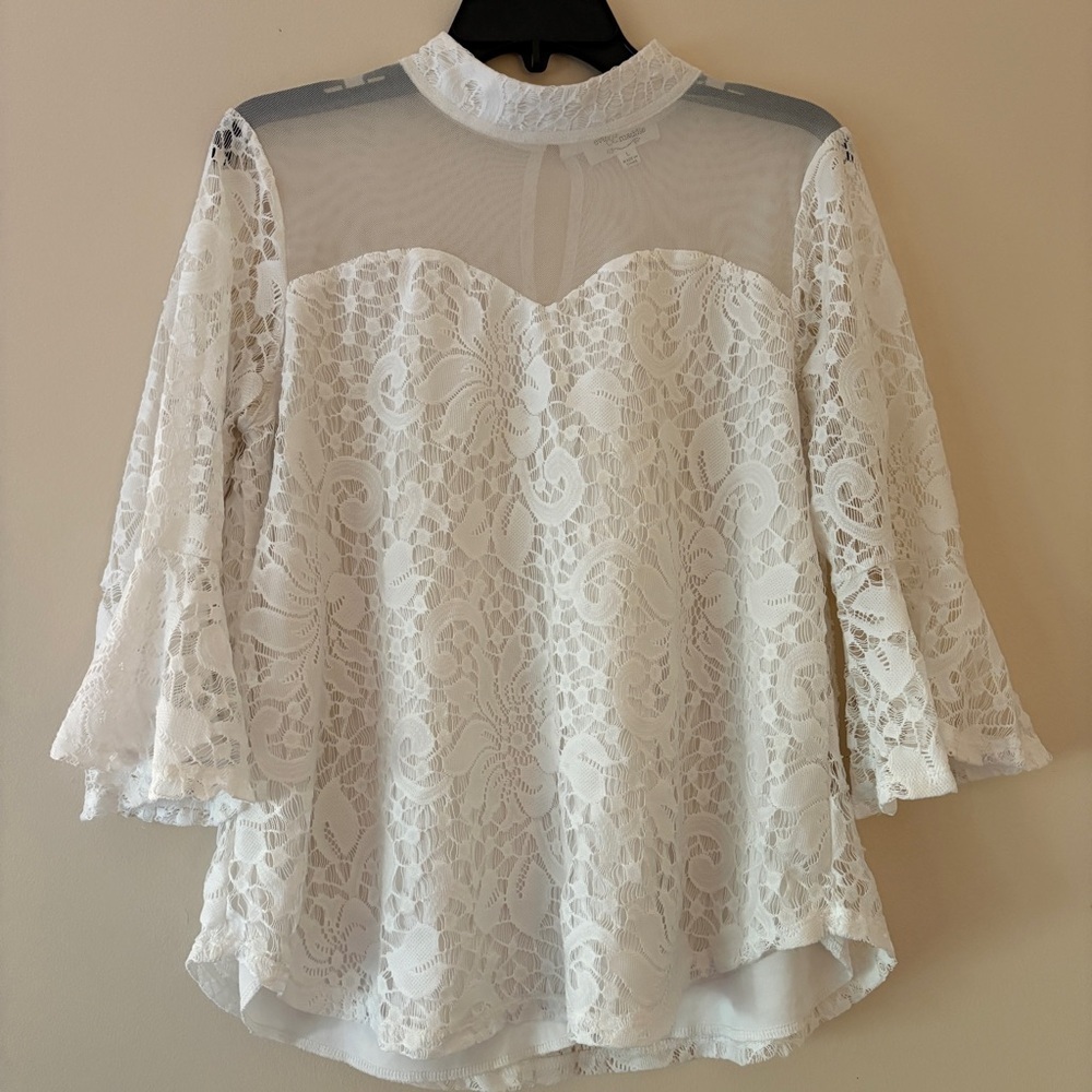 Eve & Maddie White Floral Lace Bell Sleeve Mock Neck Blouse Women’s Large